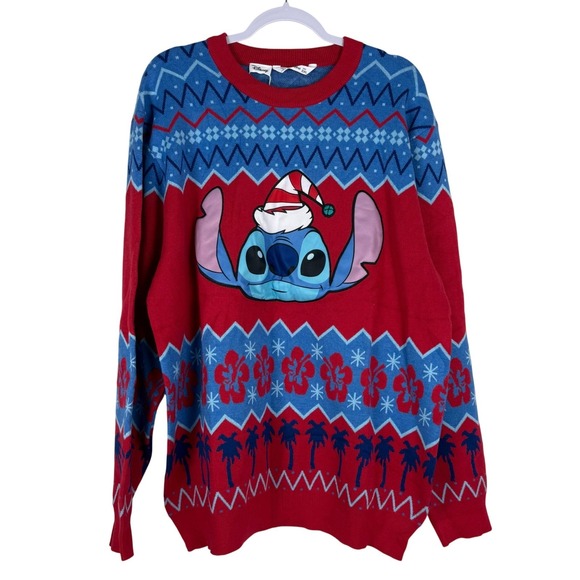 Disney Pat Pat Mens 2XL Lilo & Stitch Christmas Sweater Holiday Red Blue NEW - Picture 2 of 7